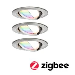 Paulmann LED Einbauleuchte Smart Home Zigbee 3.0 Nova Plus Coin Basisset Schwenkbar Rund 84mm 50° Coin 3x5,2W 3x400lm 230V Dimmbar RGBW Eisen Gebürstet